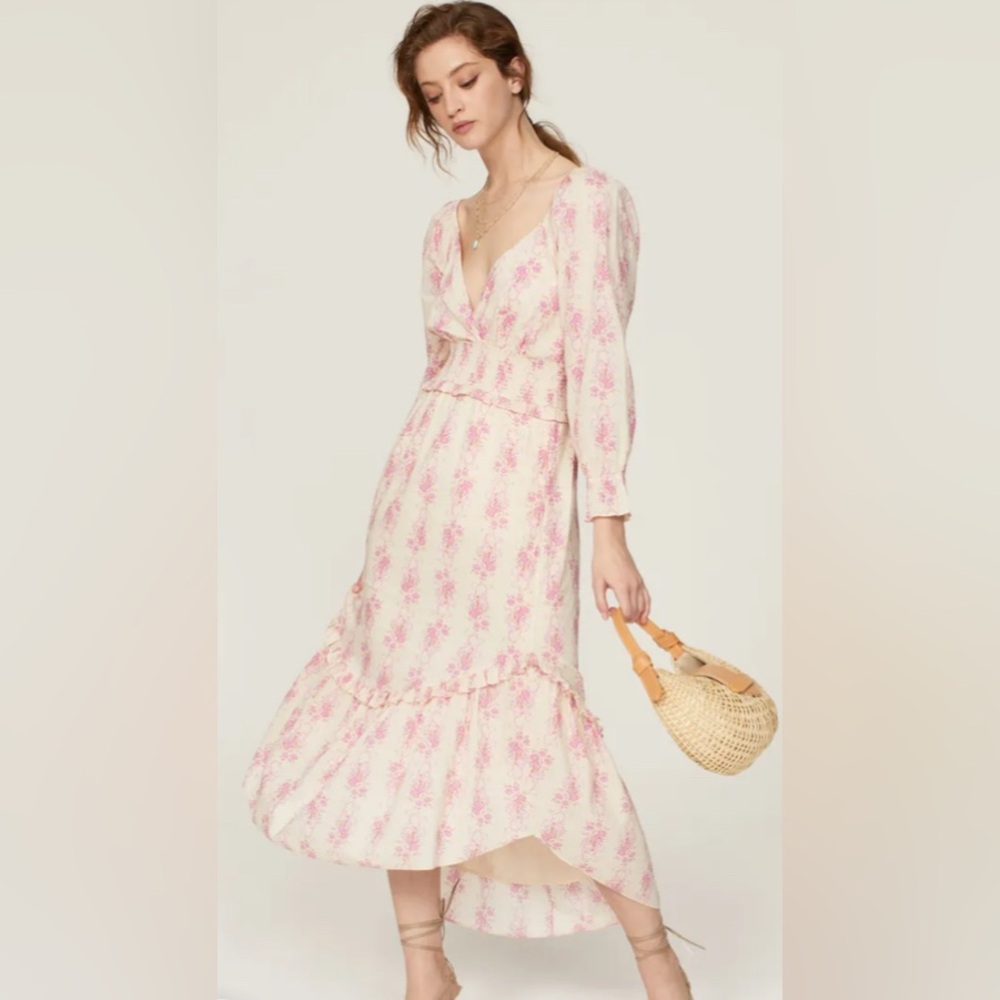 LoveshackFancy Firefly - 100% Pink/Ivory Cotton Floral Dress : Size  L